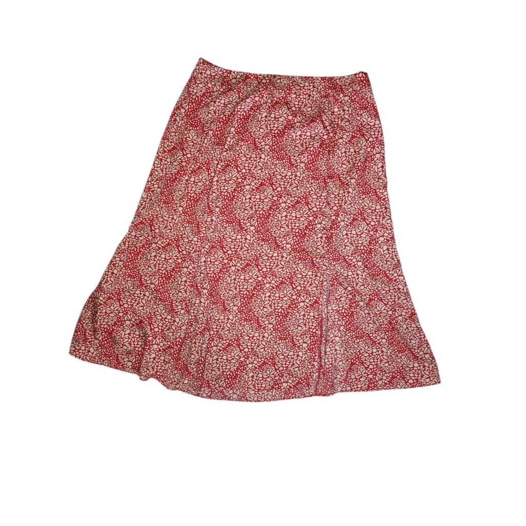 Loft Red/Pink Abstract Floral A-Line Silky Midi Skirt W Side Slit 14 (32" Waist)
